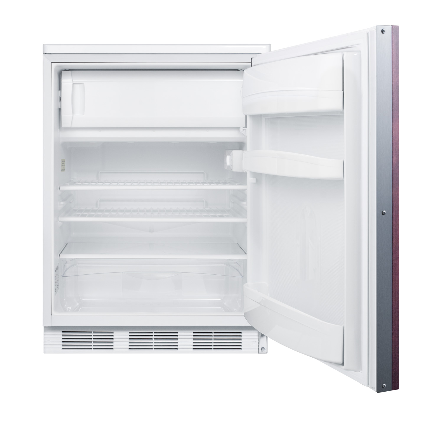 Built-in undercounter ADA compliant refrigerator-freezer for general purpose use, cycle defrost w/dual evaporators, panel-ready door, lock, and white cabinet